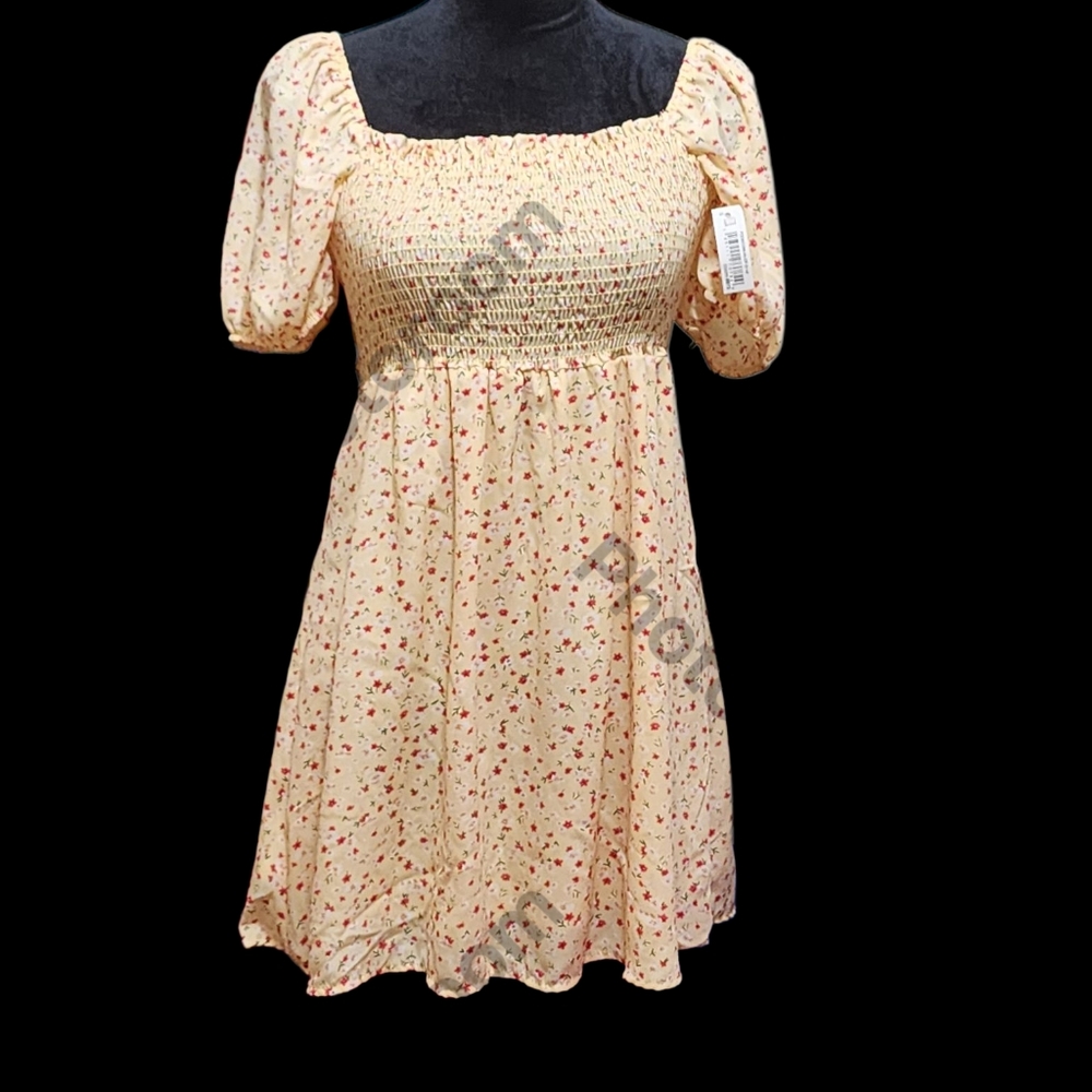 Adorable Pale Yellow With Small Red Flowers Mini Dress